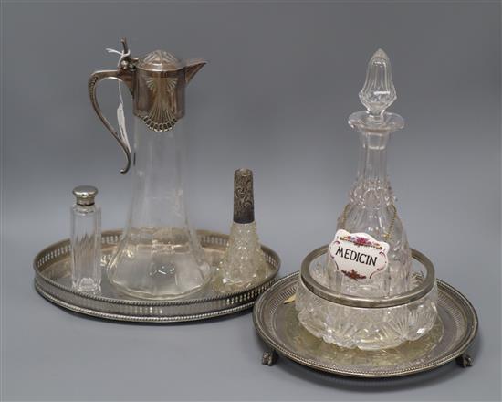 A cut glass bowl with a silver rim, a plated mounted glass claret jug, a glass decanter and sundry plated wares